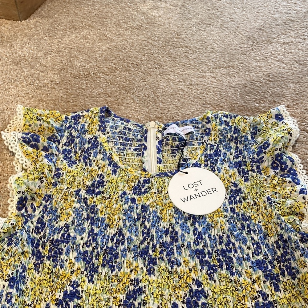 Lost + Wander Smocked Bodice S/S Blossom & Bloom Blue Yellow Floral Dress Sz L — image 8 of 8
